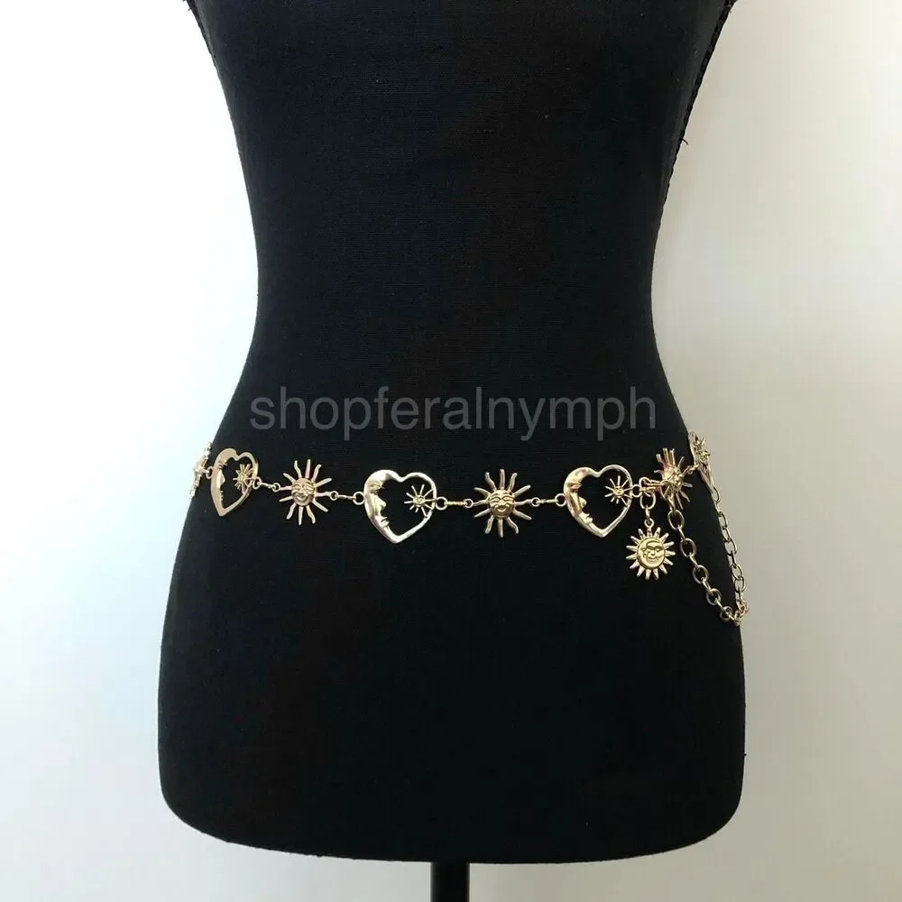 Celestial Gold Sun Heart Crescent Moon Chain Belt, Fits 20–39.5 Inches, X7GA1158